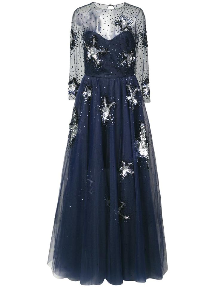 Oscar De La Renta Sheer Sleeve Starfish Embroidered Gown - Blue
