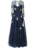 Oscar De La Renta Sheer Sleeve Starfish Embroidered Gown - Blue