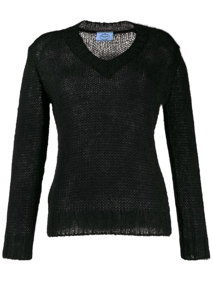 Prada Open Knit V-neck Jumper - Black