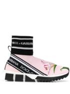 Dolce & Gabbana Ribbed-cuff Floral Logo Sneakers - Pink