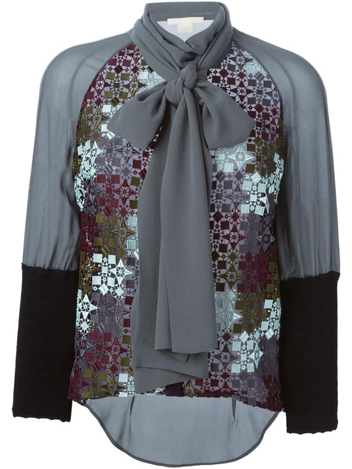 Antonio Berardi Pussy Bow Embroidered Panel Shirt, Women's, Size: 42, Grey, Silk