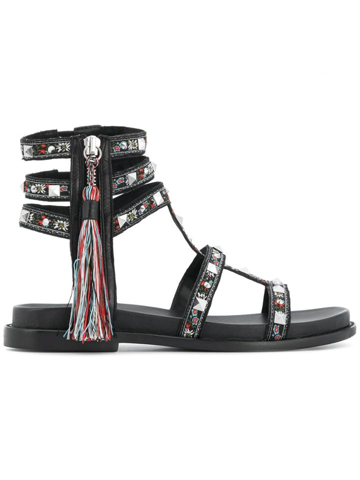 Ash Embroidered Studded Tassle Sandals - Black