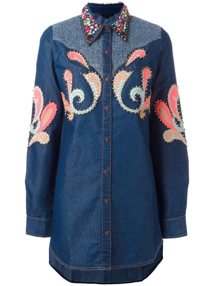 Manish Arora Studded Embellished Shirt, Women's, Size: Large, Blue, Cotton/metal/glass