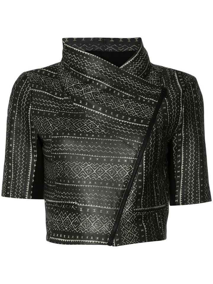 Yigal Azrouel Tribal Print Cropped Jacket, Women's, Size: 6, Black, Lamb Skin