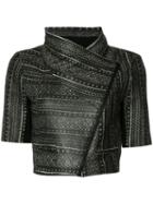 Yigal Azrouel Tribal Print Cropped Jacket, Women's, Size: 6, Black, Lamb Skin