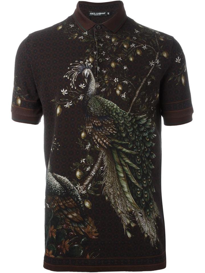 Dolce & Gabbana Peacock Print Polo Shirt, Men's, Size: 54, Red, Cotton/calf Leather