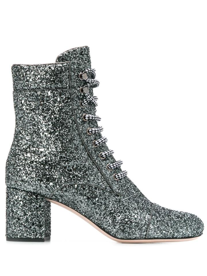 Miu Miu Glitter Lace-up Ankle Boots - Grey