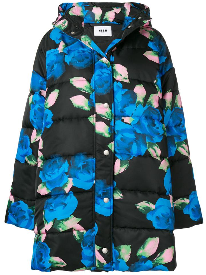 Msgm Floral Print Puffer Jacket - Black