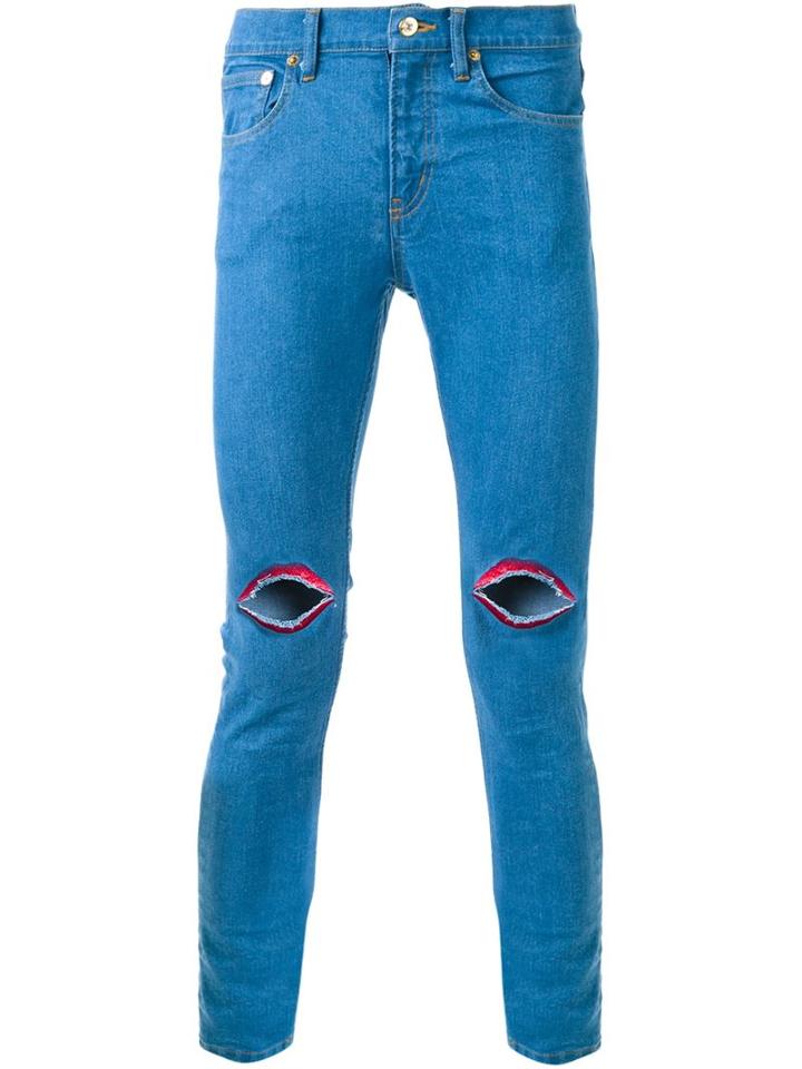 Dresscamp Embroidered Lip Skinny Jeans, Men's, Size: 44, Blue, Cotton/polyurethane