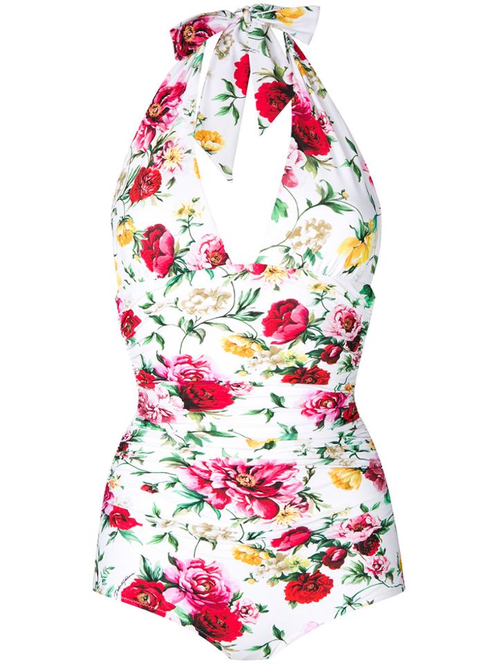 Dolce & Gabbana Floral Print Halterneck Swimsuit - White