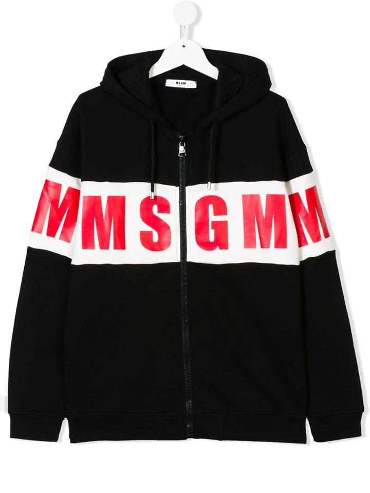 Msgm Kids Teen Logo Tape Printed Zip Hoodie - Black