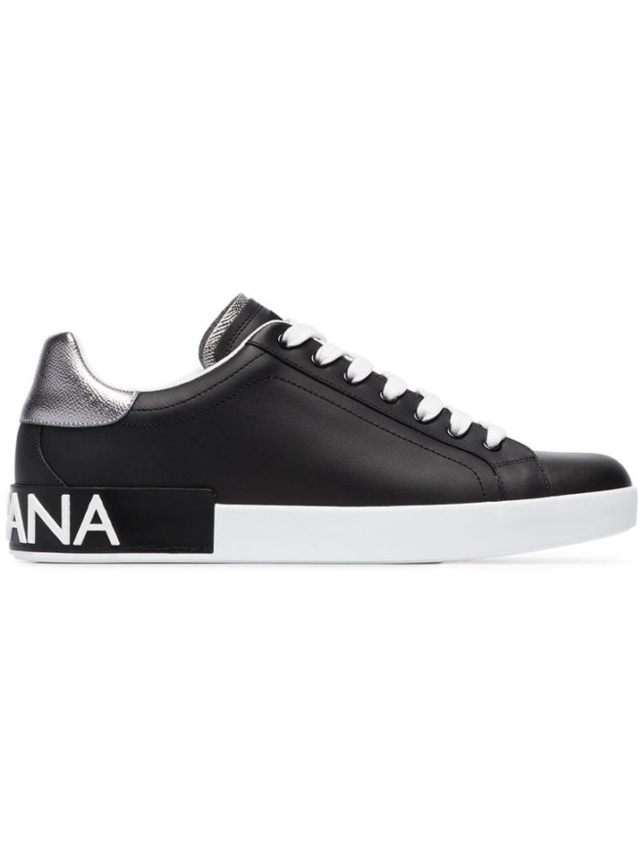 Dolce & Gabbana Black And Silver Metallic Portofino Logo Leather