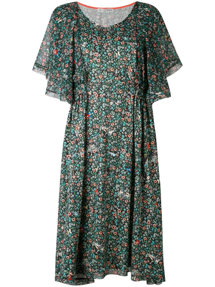 Tsumori Chisato - Floral Waterfall Sleeve Dress - Women - Silk/cotton/rayon - S/m, Black, Silk/cotton/rayon