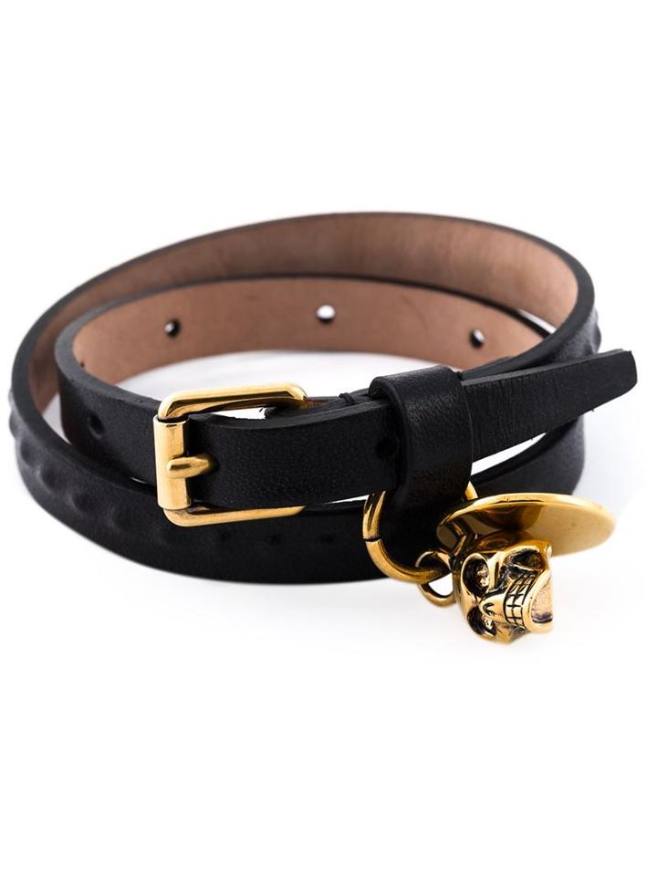 Alexander Mcqueen Double Wrap Skull Bracelet, Men's, Black, Leather