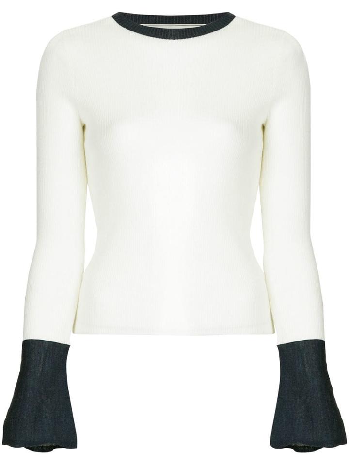 Tu Es Mon Trésor Ruffle Cuff Rib Knit Sweater - White