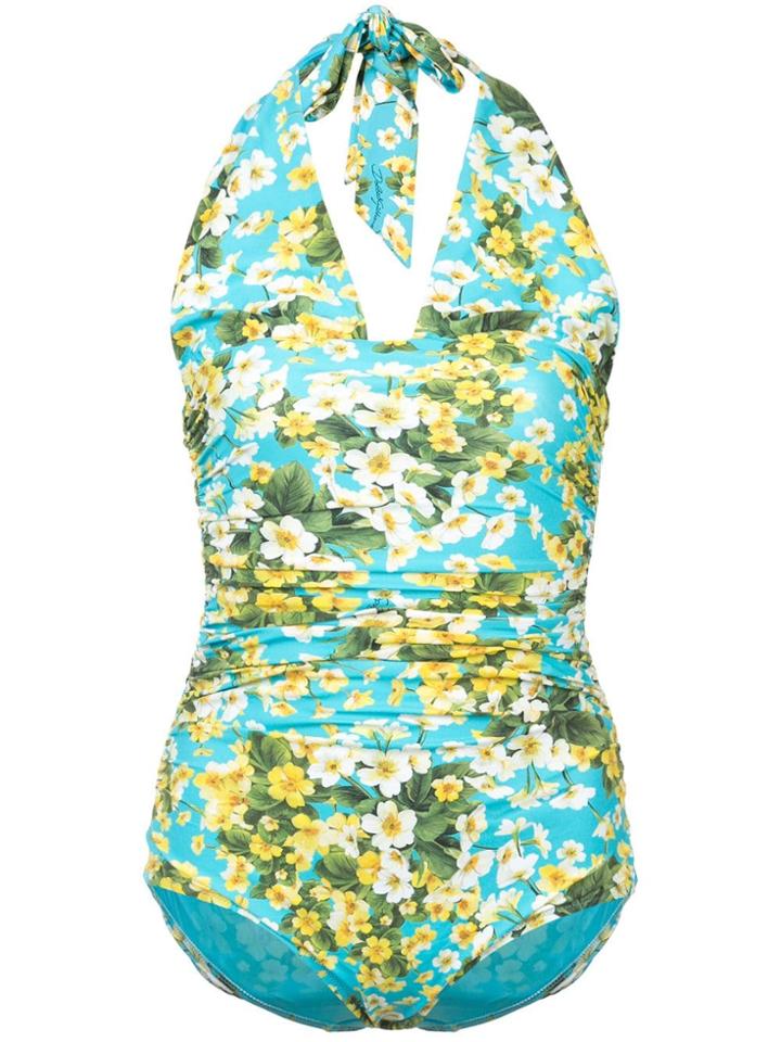 Dolce & Gabbana Ruched Floral Halter Swimsuit - Blue