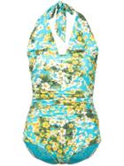 Dolce & Gabbana Ruched Floral Halter Swimsuit - Blue