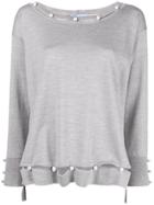 Blumarine Pearl Embellished Fine-knit Sweater - Grey