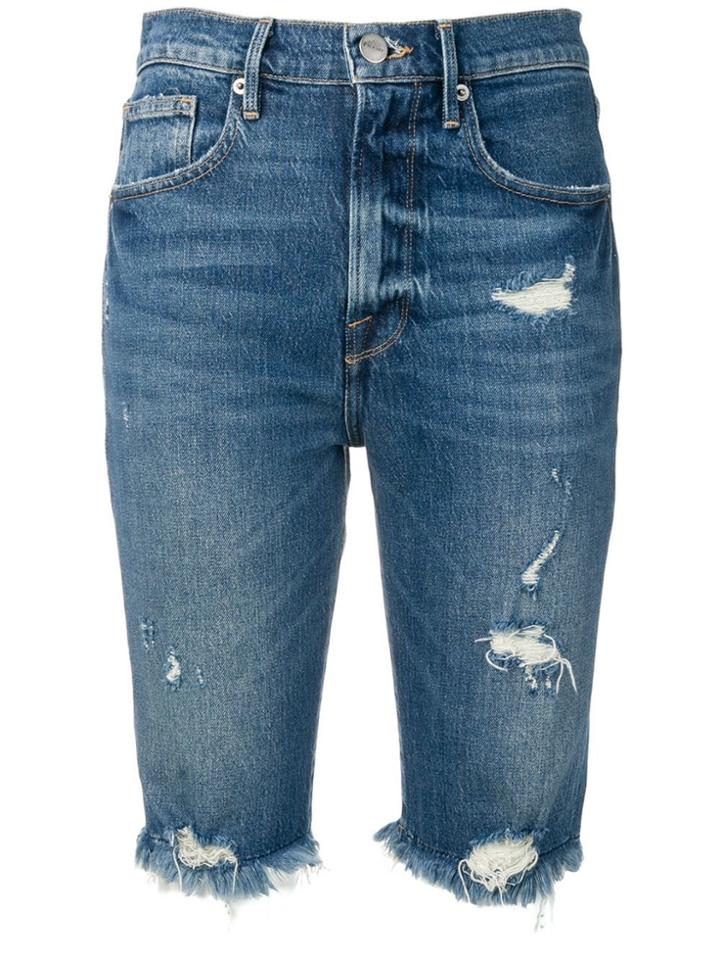 Frame Fringed Distressed Denim Shorts - Blue