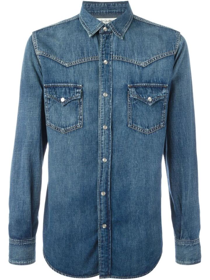 Saint Laurent 70's Western Shirt, Men's, Size: Small, Blue, Cotton/linen/flax