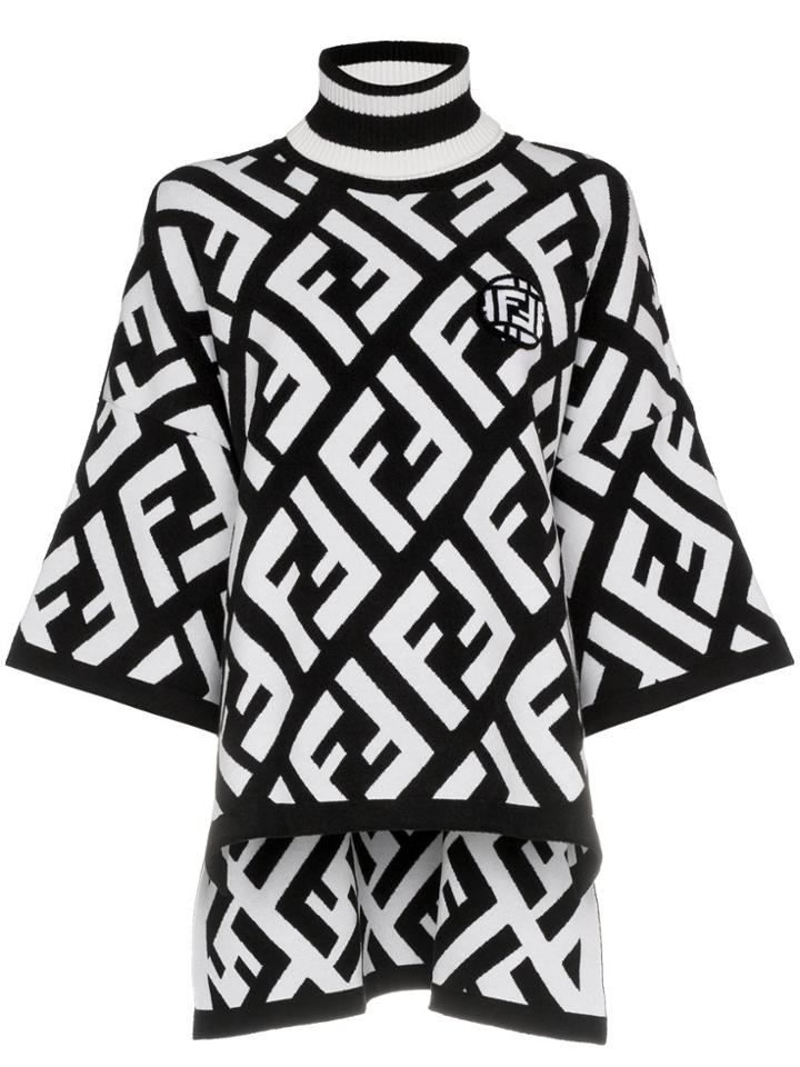 Fendi Turtle Neck Logo Jacquard Wool Blend Poncho - Black