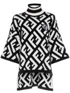 Fendi Turtle Neck Logo Jacquard Wool Blend Poncho - Black