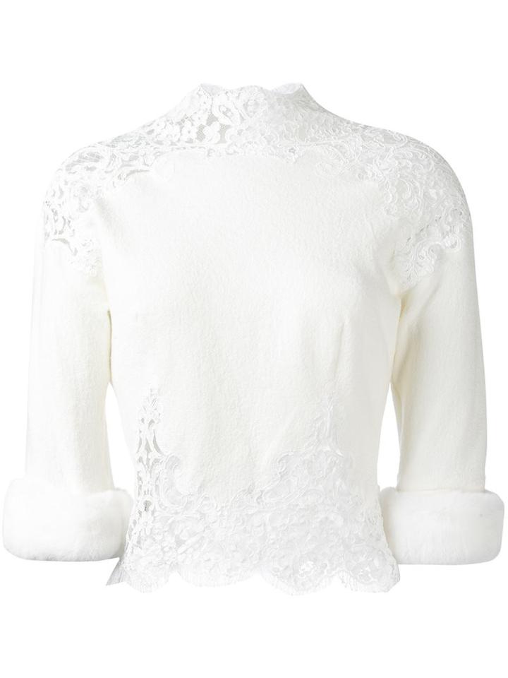 Ermanno Scervino Fur-cuffs Blouse, Women's, Size: 44, White, Silk/cotton/rabbit Fur/wool