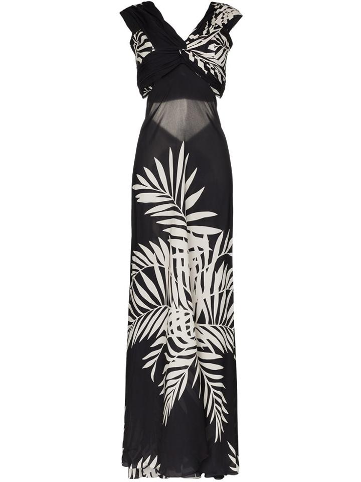 Johanna Ortiz Negra V Neck Palm Print Silk Gown - Black