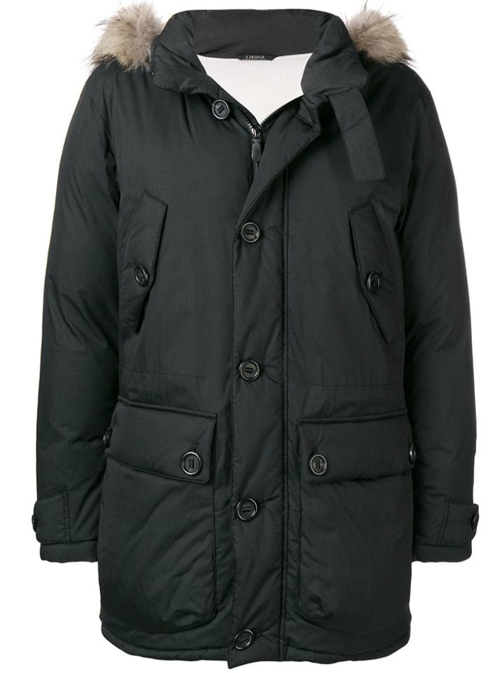 Z Zegna Fur Hood Trim Padded Jacket - Black