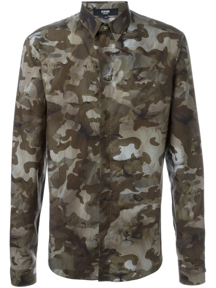 Versus Camouflage Lion Print Shirt, Men's, Size: 46, Green, Cotton