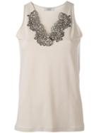 D.exterior - Lace Appliqué V-neck Tank - Women - Viscose/lacquer - L, Women's, Nude/neutrals, Viscose/lacquer