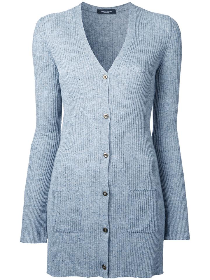 Roberto Collina Ribbed Fitted Cardigan, Women's, Size: Large, Blue, Linen/flax/nylon/viscose