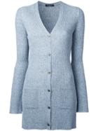 Roberto Collina Ribbed Fitted Cardigan, Women's, Size: Large, Blue, Linen/flax/nylon/viscose