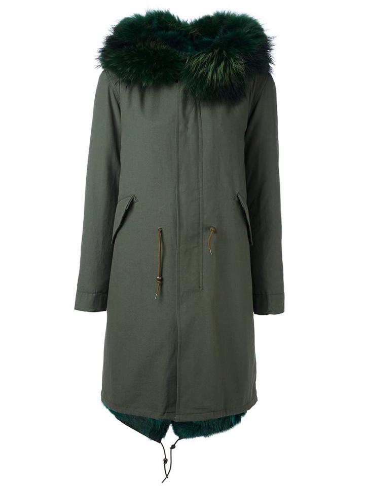 Furs66 Fur Trim Paneled Parka, Women's, Size: 38, Green, Leather/coyote Fur/cotton/polyester