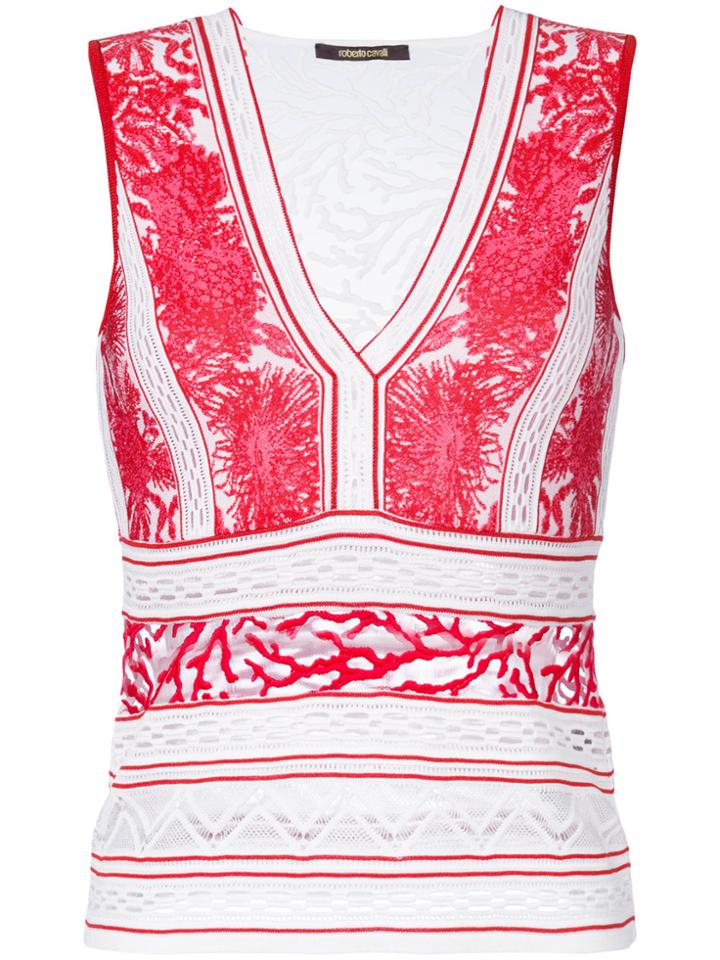 Roberto Cavalli Plunge Neck Embroidered Panel Top