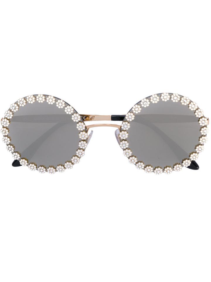 Dolce & Gabbana Eyewear - Floral Round Frame Sunglasses - Women - Metal (other) - 56, Grey, Metal (other)