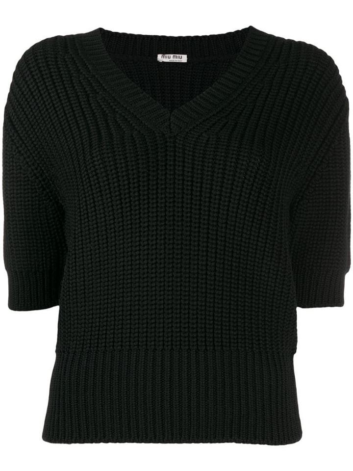 Miu Miu Cable Knit V-neck Top - Black