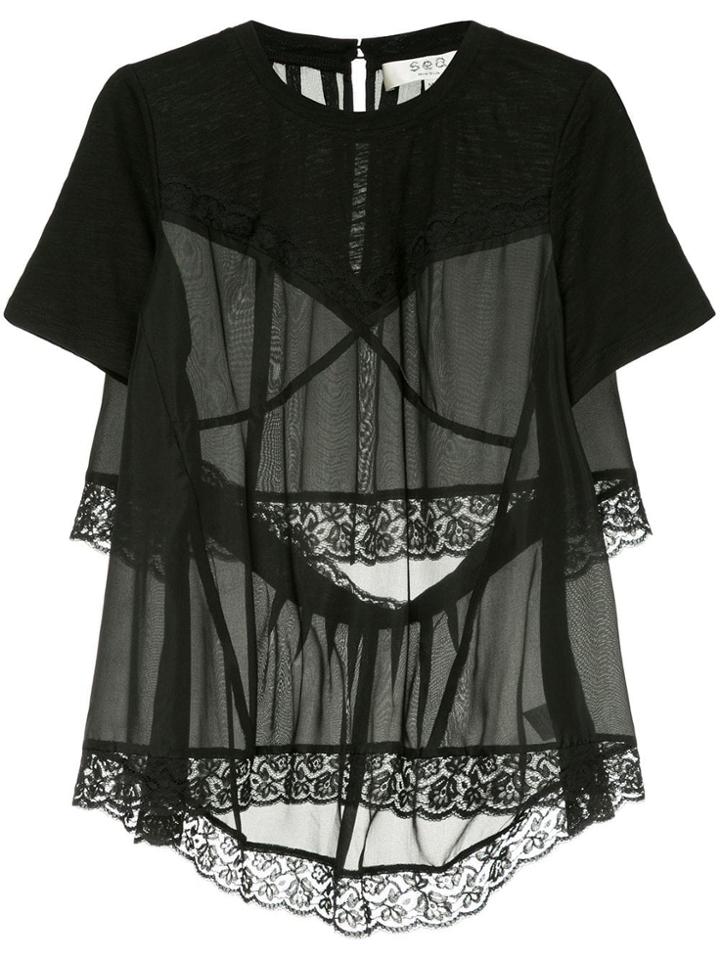 Sea Lace Hem Sheer Blouse - Black