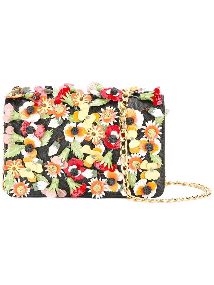 Prada Floral Appliqué Shoulder Bag, Women's, Black, Calf Leather/polyester
