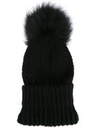 Inverni Ribbed Beanie With Racoon Fur Pom Pom - Black