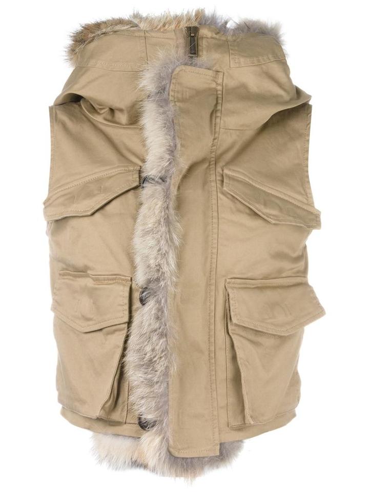 Dsquared2 Coyote Fur Trimmed Gilet, Women's, Size: 40, Nude/neutrals, Cotton/calf Leather/polyamide/coyote Fur
