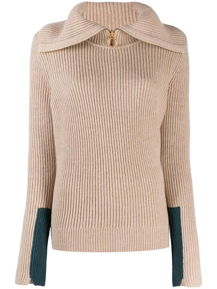 Tory Burch Folded Neck Ribbed Jumper - Neutrals