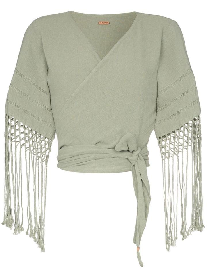 Caravana Antigone Fringed Sleeves Wrap Top - Green