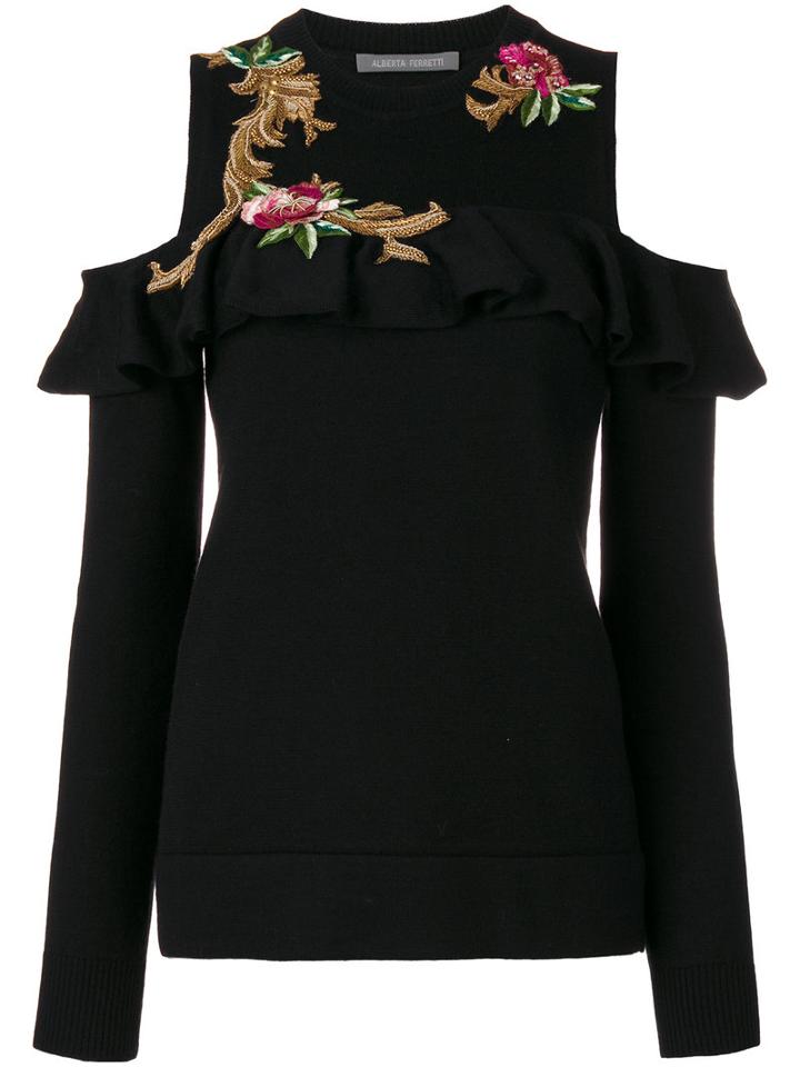 Alberta Ferretti - Embroidered Cutout Shoulder Sweater - Women - Virgin Wool - 42, Black, Virgin Wool