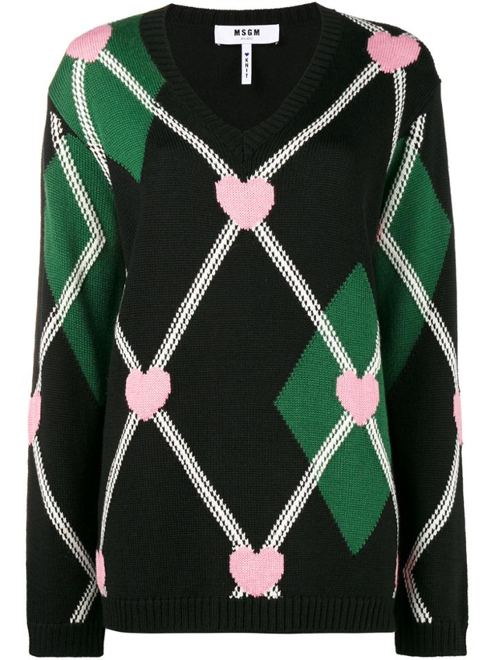 Msgm Argyle Heart Knitted Jumper - Black