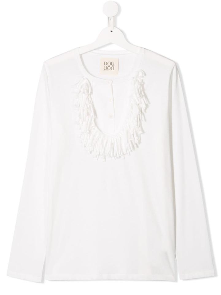 Douuod Kids Teen Long Sleeved Top With Ruffle Trim - White