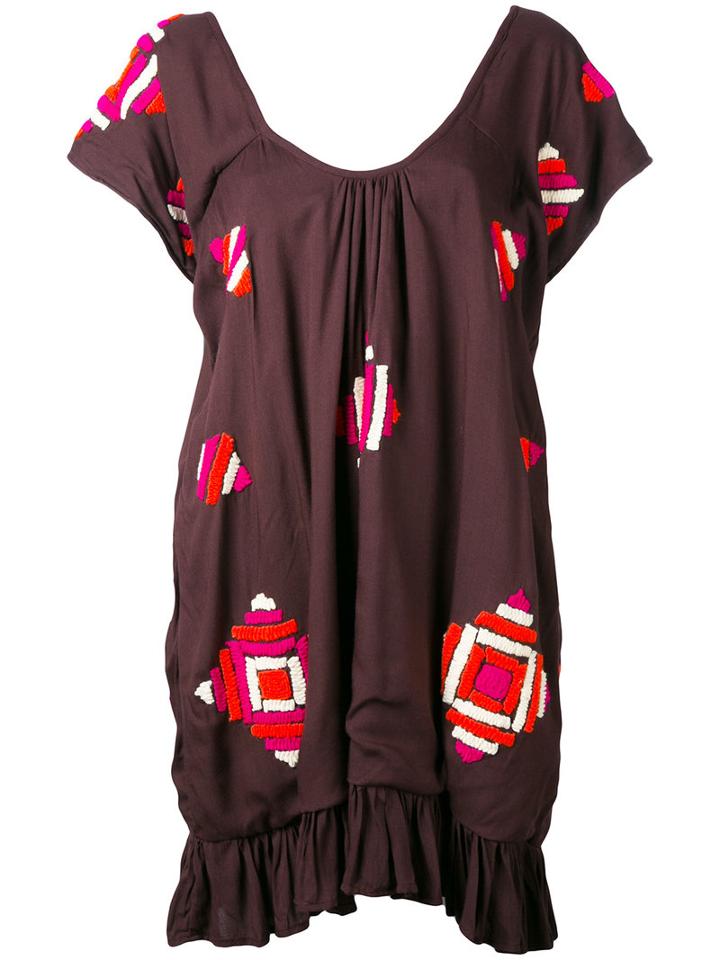 All Things Mochi Embroidered Geometric Dress, Women's, Size: Medium, Brown, Silk/cotton
