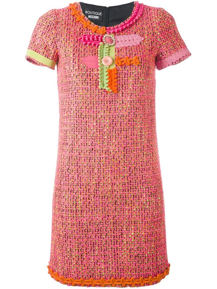 Boutique Moschino Buttons Embellished Shortsleeved Dress, Women's, Size: 42, Pink/purple, Silk/acrylic/virgin Wool/other Fibers