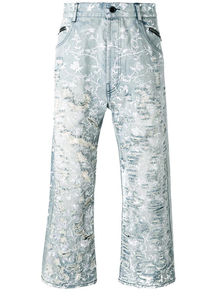 Floral Distressed Jeans - Men - Cotton - S, Blue, Cotton, Unconditional