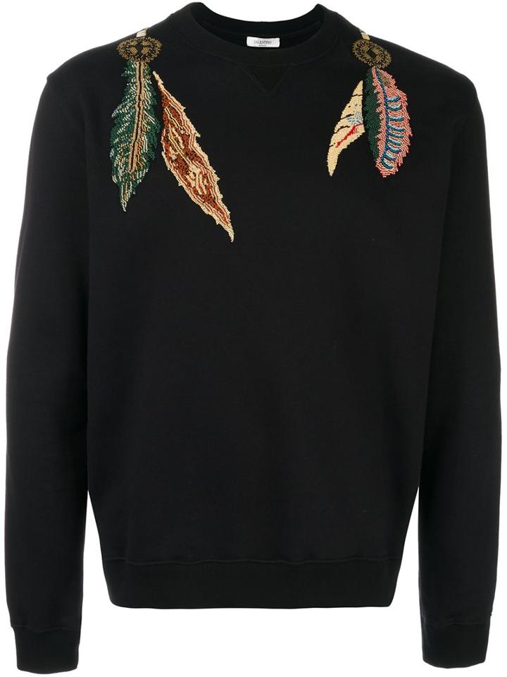 Valentino Feather Embroidered Sweatshirt, Men's, Size: Medium, Black, Cotton/polyamide